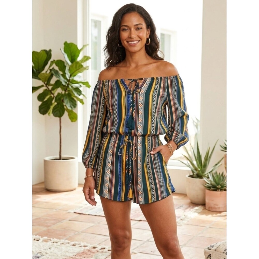Vibrant Multi-Stripe Off-Shoulder High Waist Shorts Set